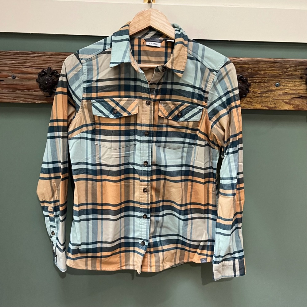 LL Bean Womens Small Plaid Button Down Shirt Orange Blue Long Sleeve 296749